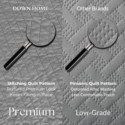 DOWN HOME Queen Quilt Bedding Set with Shams, Vintage Washed Soft Quilted Blanket Thin Comforter Lightweight Bedspread Coverlet Bed Cover, Brushed Microfiber Stripe Stitching, Ash Gray, 86"x90"