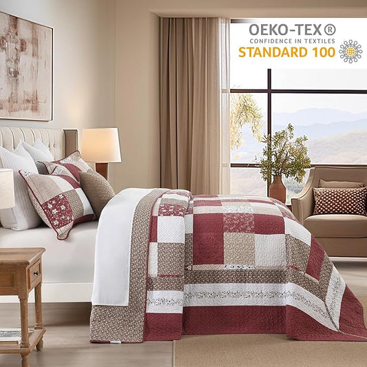 100% Cotton Oversized King Bedspread 120"x120" - Lightweight Vintage Country Quilt - 3 Piece California King Bedspreads Coverlet Set - Reversible Plaid Floral Bedding in Burgundy/Beige/Taupe/White