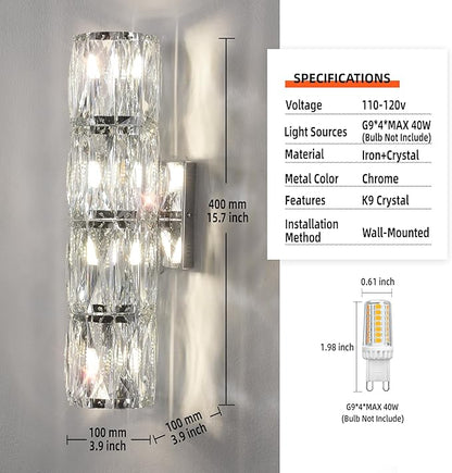 Crystal Wall Sconces Set of Two, Modern Sconces Wall Decor Set of 2 Chrome Bedroom Indoor Wall Sconce Bedside Wall Mounted Lamp for Hallway Bathroom Vanity Light Fixtures