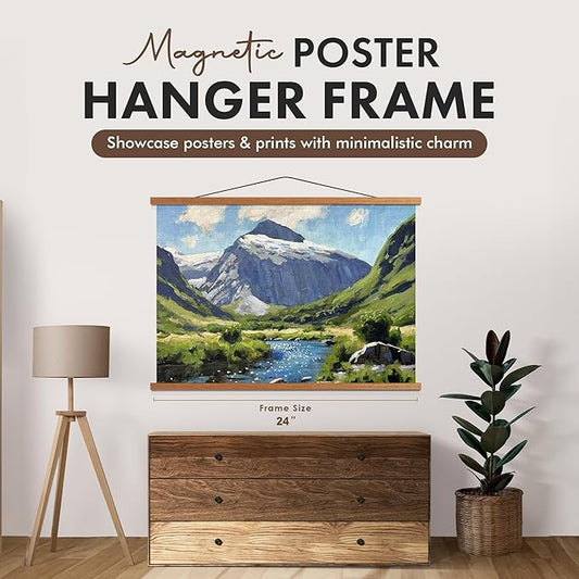 Magnetic Poster Hanger 24” Poster Frame with Strong Magnets, Complete Hanging Kit for Posters, Art, Maps, and More, Fits 24x17, 24x20, 24x36, Teak Wood