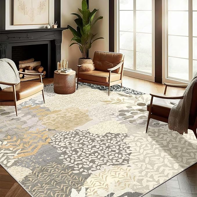 DEXDE Washable Area Rugs 6x9 for Living Room, Floral Large Rug Boho Print Vintage Low Pile Non Slip Carpet for Bedroom Kids Room Nursery Office Dinning Room, Gray