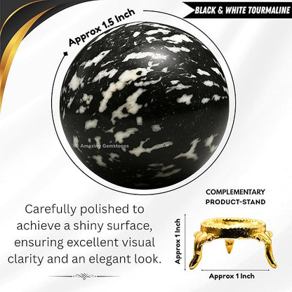 Amazing Gemstone White and Black Tourmaline Crystal Ball with Stand - 1.5 Inches Crystal Sphere Meditation Balls for Witchcraft and Decorative Balls