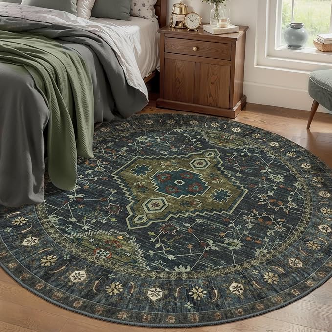 Tangsoo Green Round Rugs 4ft Washable Circle Rug, Non Slip Small Boho Round Area Rug, Oriental Low Pile Circular Rugs, Vintage Round Carpet for Living Room Bedroom,Entryway,Nursery,Dorm,Olive Green