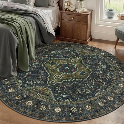 Tangsoo Green Round Rugs 4ft Washable Circle Rug, Non Slip Small Boho Round Area Rug, Oriental Low Pile Circular Rugs, Vintage Round Carpet for Living Room Bedroom,Entryway,Nursery,Dorm,Olive Green