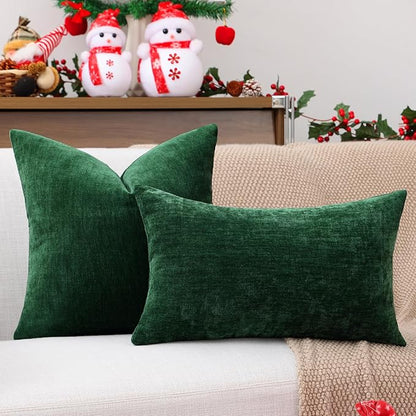 decorUhome Chenille Christmas Green Throw Pillow Covers 18x18 Inch Set of 2, Decorative Soft Couch Pillow Covers Solid Dyed Accent Farmhouse Neutral Square Pillow Cases for Sofa