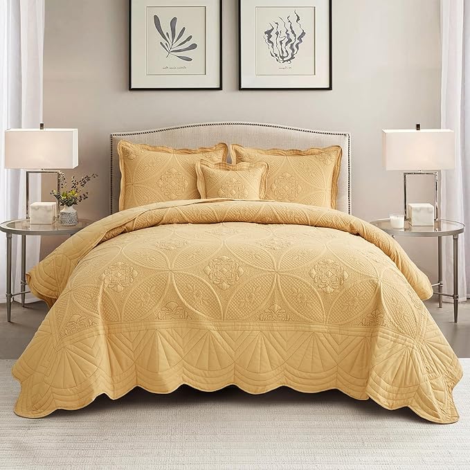 Oversized Bedspread - King Size Bedding Cover - Modern & Contemporary Coverlet Set, Real Stitching, Reversible, Lightweight, 5 Piece, Honey Gold