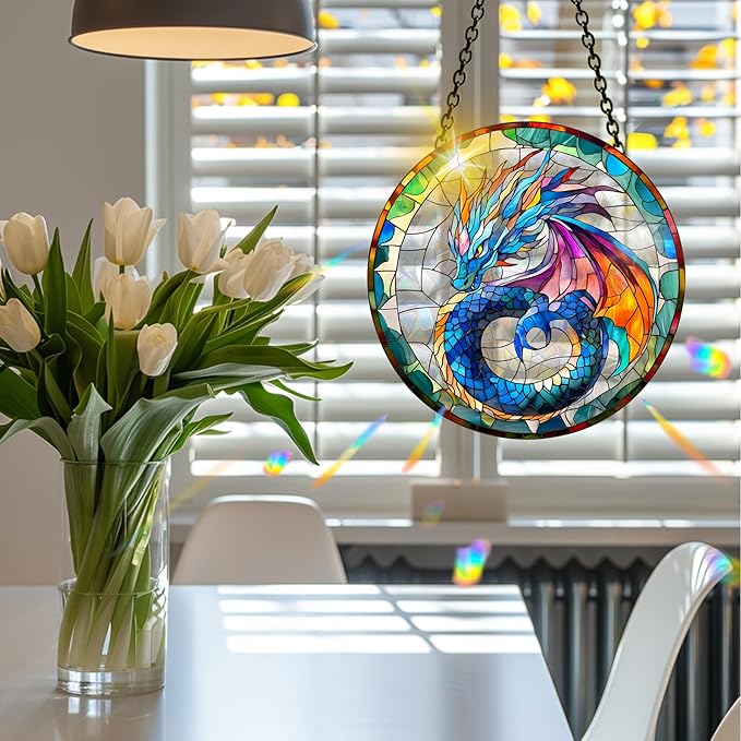 VAIIEYO Dragon Acrylic Sun Catcher Window Hanging Decoration, 7.8 Inch Double-Sided Light Reflecting Ornament for Window, Garden, Porch or Balcony Decor, Housewarming, Gift for Natural Lovers