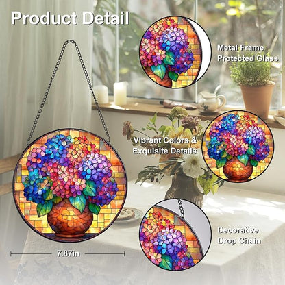 Hydrangea Stained Glass Window Hanging, 7.8" Round Sun Catcher Hand Painted Wall Art Decor with Chain, Unique Housewarming Gifts for Couples, Home