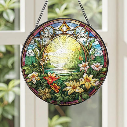 Rngmsi Wildflowers Stained Glass Window Hanging Decor, 7.8″ Floral Sun Catchers Stain Glass Window Hanging with Hook Indoor, Suncatcher Home Garden Art Gift for Thanksgiving Christmas Housewarming