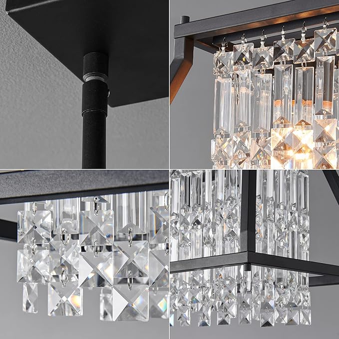 LMQNINE Chandeliers for Dining Room, 3-Light Trapezoidal Industrial Dining Room Light Fixture Farmhouse Chandelier Crystal Pendant Lights Kitchen Island Living Room (Black 30.7 inch)