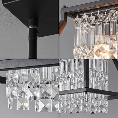 LMQNINE Chandeliers for Dining Room, 3-Light Trapezoidal Industrial Dining Room Light Fixture Farmhouse Chandelier Crystal Pendant Lights Kitchen Island Living Room (Black 30.7 inch)