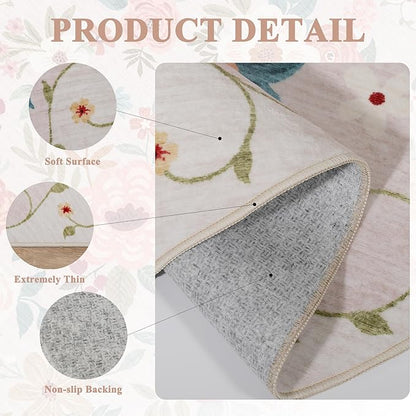 DUKINO 6x9 Area Rug, Floral Rugs for Living Room, Lightweight Non Slip Washable Rug, Indoor Low Pile & Non-Shedding Boho Design Rugs for Bedroom, Living Room, Dining Room, Beige
