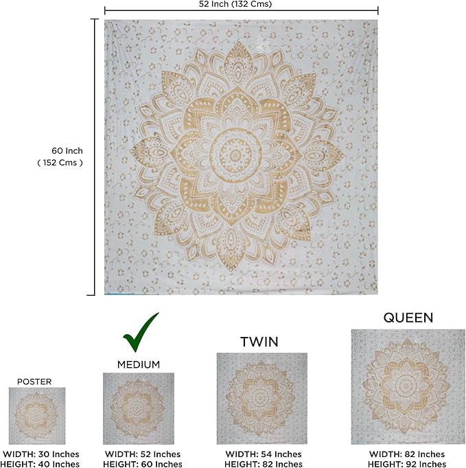 raajsee Metallic Gold Tapestry Mandala Wall Hangings, Indian Cotton Beach Throw Blanket, Hippie Tapestries Boho Decor,Twin Bedspread Yoga Meditation Mat Rugs 52 x 60 Inches