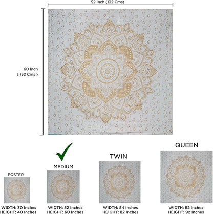 raajsee Metallic Gold Tapestry Mandala Wall Hangings, Indian Cotton Beach Throw Blanket, Hippie Tapestries Boho Decor,Twin Bedspread Yoga Meditation Mat Rugs 52 x 60 Inches