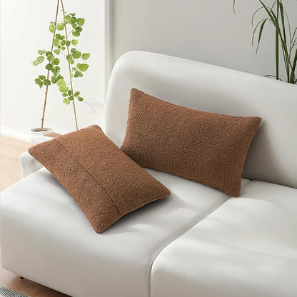 HAUSSY Set of 2 12x20 Decorative Throw Pillow Covers, Soft Cozy Textured Boucle Lumbar Pillow Cases, Home Decor for Couch Bed Living Room, Tobacco