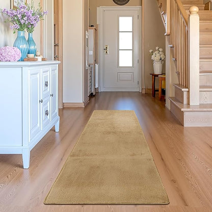 jinchan Solid Plush Runner Rug 2x6 Performance Shaggy Washable Hallway Rug Soft Modern Faux Wool Cozy Non Slip Carpet for Bedroom Laundry Room Living Room Kids Nursery Tan