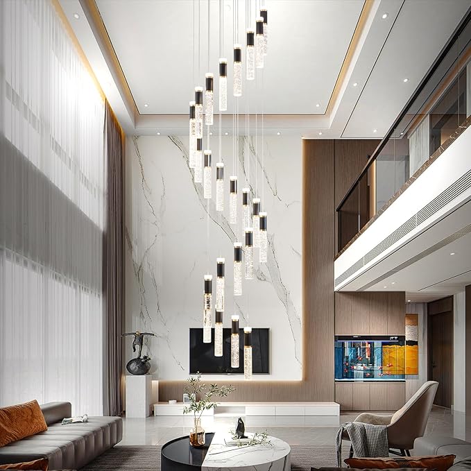 High Ceiling Chandelier Modern Crystal Chandelier for Entryway Long Spiral Dimmable Long Staircase High Foyer with Remote Controller