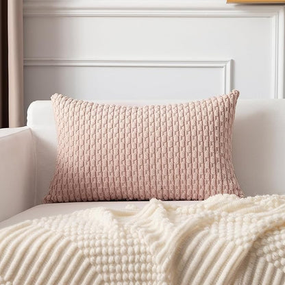 Kevin Textile Valentines Day 14x24 Inch Pillow Cover 1 Pack Boho Decorative Soft Striped Corduroy Lumbar Farmhouse Accent Rectangle Cushion Case for Living Room Couch Sofa Bed, Light Pink