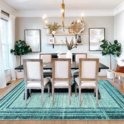 Lahome Abstract Teal 8x10 Area Rugs for Living Room, Washable Modern Bedroom Rug 8x10 Stain Resistant, Low-Pile Soft Minimalist Bordered Large Indoor Carpet for Office Dining Room