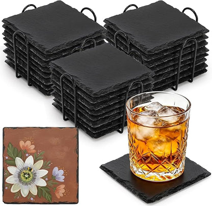 ZOOFOX 24 Pieces Drink Coasters, 4 Inch Square Slate Stone Coaster with 3 Holders, Handmade Coasters Set for Bar Kitchen Home Decor
