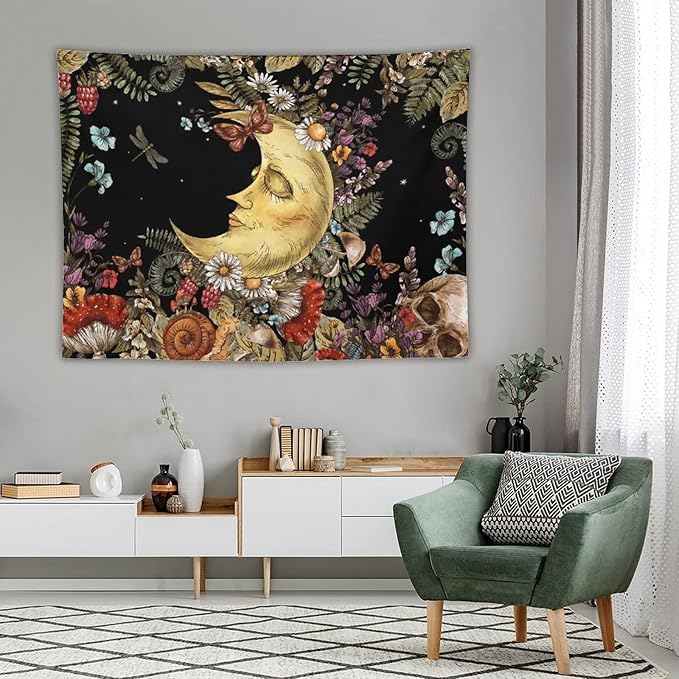 Boho Moon Tapestry Wall Hanging,Vintage Sun and Moon Skull Hippie Mushroom Floral Plant Tapestries for Dorm Living Room Bedroom Decor(60"x80")
