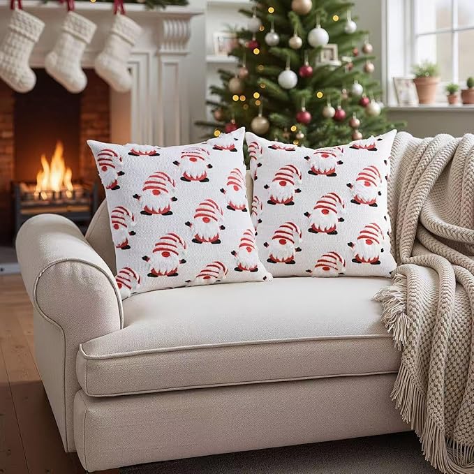 FEVERQIYI Christmas Faux Fur Pillow Covers 18x18 Inch - Soft Plush Decorative Pillowcases with Dancing Santa Snowman Snowflake Design for Holiday Home Sofa Bed Decoration (Inserts Not Included)