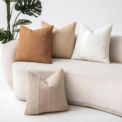22"x22" White Boucle Pillow Covers with Faux Leather Accents Set of 2 Fluffy Textured Decorative Throw Pillow Cases for Couch Bed Boho Farmhouse Square Cushion Covers for Home Décor