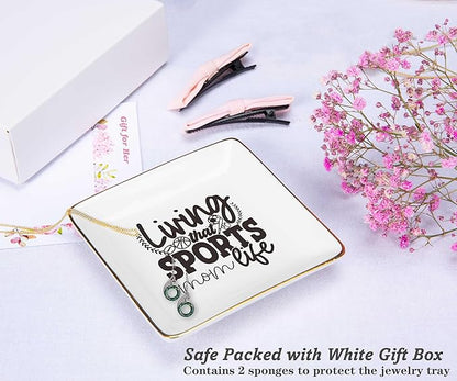 Mother's Day,Birthday,New Year,Christmas Gifts for Sports Mom-Ceramic Jewelry Tray Trinket Holder Ring Dish-Exercise Women Gift-Mommy Life-Mother Present from Daughter Son-Living That Sports Mom Life