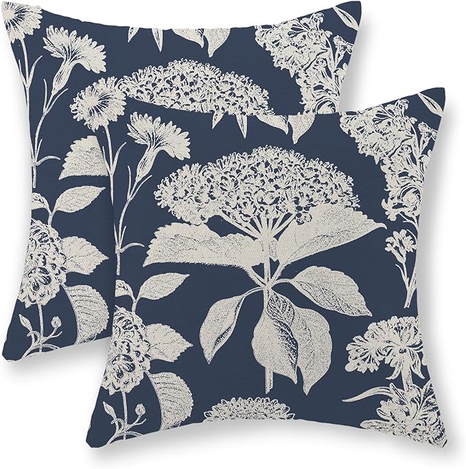 Blue Pillow Covers 20x20 Set of 2 Boho White Floral Throw Pillows Hydrangea Herbs Botanical Decoration Pillowcase Linen Farmhouse Vintage Flower Cushion Case Outdoor Decorative for Couch Sofa