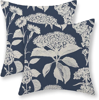 Blue Pillow Covers 20x20 Set of 2 Boho White Floral Throw Pillows Hydrangea Herbs Botanical Decoration Pillowcase Linen Farmhouse Vintage Flower Cushion Case Outdoor Decorative for Couch Sofa
