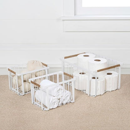happimess BSK3003B-3SET Henley Vintage Farmhouse Wire Metal Nesting Storage Baskets with Jute Wrapped Handles for Shelves, Cabinets, Pantry, Countertop, Mesh Open Bin Basket, White (Set of 3)