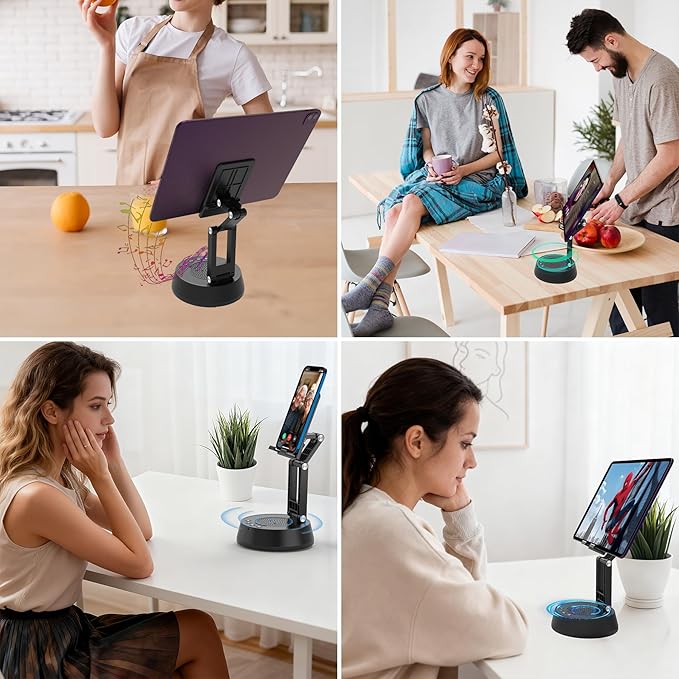 Cell Phone Stand with Wireless Bluetooth Speaker,Adjustable Height and Angle Foldable Cell Phone Stand Holder Bluetooth Speaker for Desk, Phone Stand Compatible with 4.7"-13" Smartphones(Black)