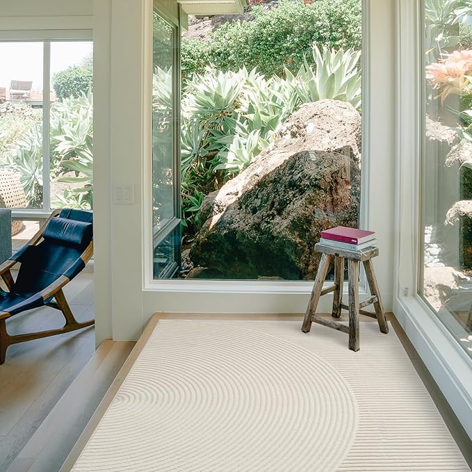 Revival Rugs Record 4'x6’ Machine Washable Area Rug for Kitchen Bedroom - 100% Recycled Oeko-TEX Certified, Medium Pile, Beige, Cream