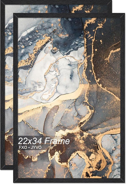 Engineered Wood 22 x 34 Frame Set of 2, Black Picture Frame for 22x34 Inch Poster Puzzle Photo, Light Weight 22by34 Poster Frame with Wood-grain for Wall - 2 Pack/Black/22 x34