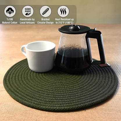 Round Placemats, Set of 4, Handmade by Braided Cotton Cord for Kitchen and Dining Table, Dia. 12.6 Inch, Doublesided, Heat Resistant, Washable, Red/Green