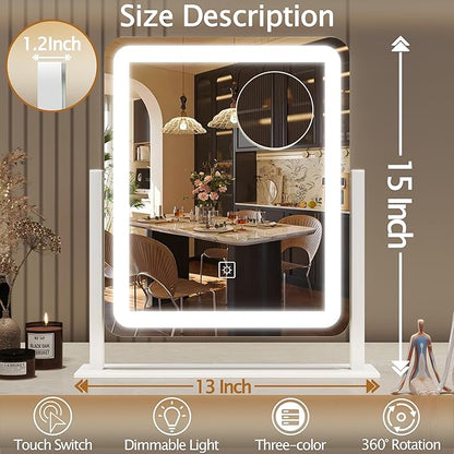 HNV Vanity Mirror with Lights – 15"x13" Large Makeup Mirror with Light, 3-Color Dimmable LED, Touch Screen, 360° Rotation, Tabletop Vanity Mirror for Bedroom or Desk (White)