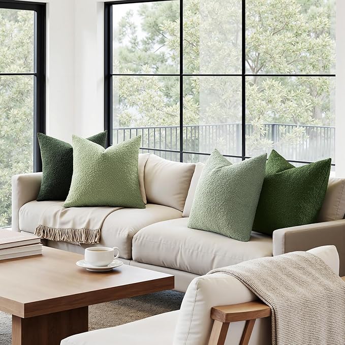MIULEE Pack of 4 Decorative Sage Green Textured Boucle Spring Throw Pillow Covers 20x20 Inch Forest Green Accent Solid Pillow Cases Soft Couch Cushion for Modern Farmhouse Boho Bed Room Home Decor