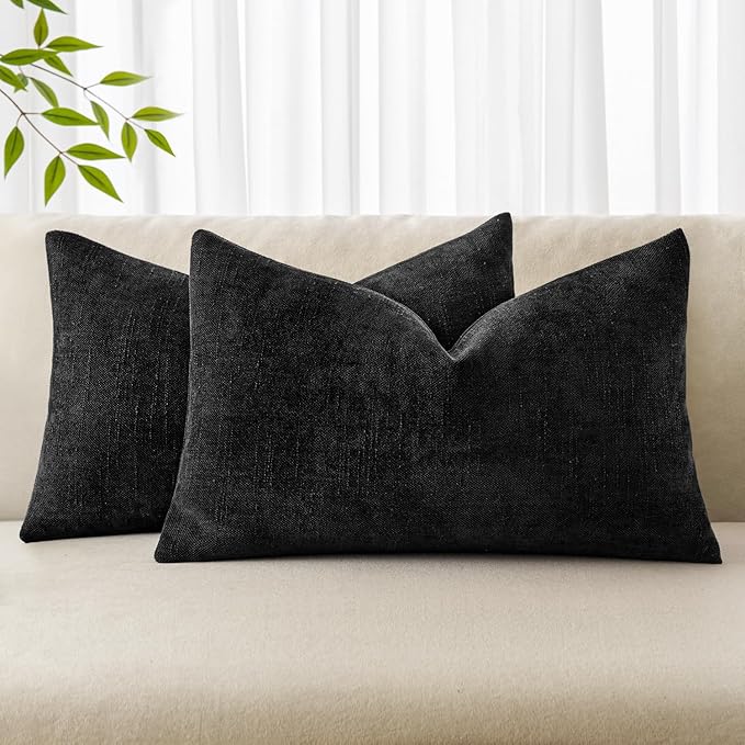 MIULEE Pack of 2 Decorative Throw Pillow Covers Soft Chenille Throw Pillows Solid Textured Lumbar Cushion Covers for Couch Sofa Bedroom Living Room 12x20 Inch, Black