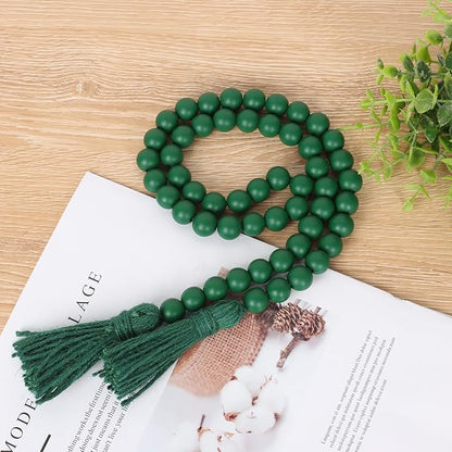 St Patrick's Day Wood Beads Garland with Tassels Farmhouse Beads Rustic Prayer Beads Boho Beads for Boho Home Decor,Wall Hanging Decoration (Deep Green)