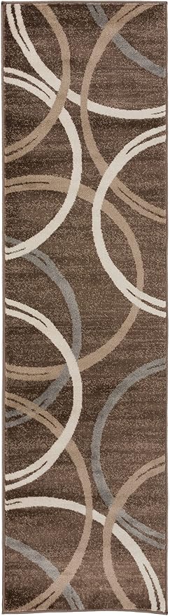 Rugshop Modern Wavy Circles Design Runner Rug, Carpet with Jute Backing for Hallway, Entryway, or Kitchen, Brown, 2' x 7'2"