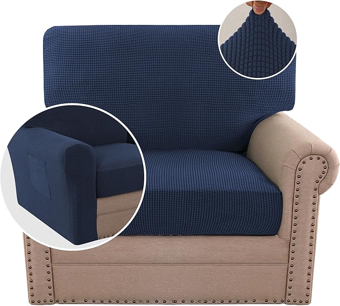 H.VERSAILTEX Multi-Pieces Chair Covers Stretch Couch Covers Form Fitted Seat and Back Cushions Covers (1 Seat Cover Plus 1 Back Cusion Cover, Bonus 2 Armrest Covers), Navy