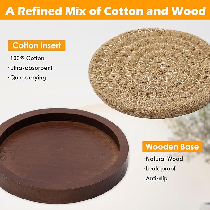 Mckanti 6 Pack Wood Coasters for Drinks with Cotton Coasters Insert, Wooden Coasters with Holder for Coffee Table Decor, Absorbent Coasters for Kinds of Cups, 4.3 Inches