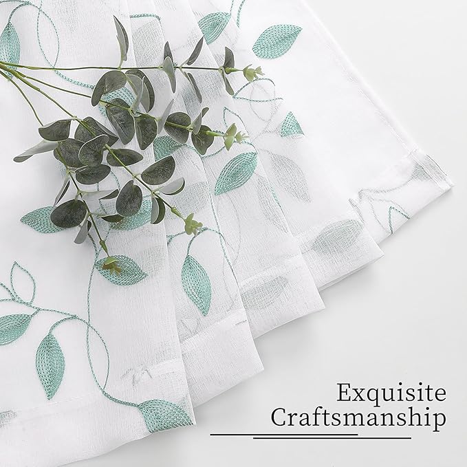 Tollpiz Teal Blue Leaf Sheer Curtain Leaves Embroidered Bedroom Short Curtains Rod Pocket Voile Window Treatments for Living Room, 38 x 45 inches Long, Set of 2 Panels