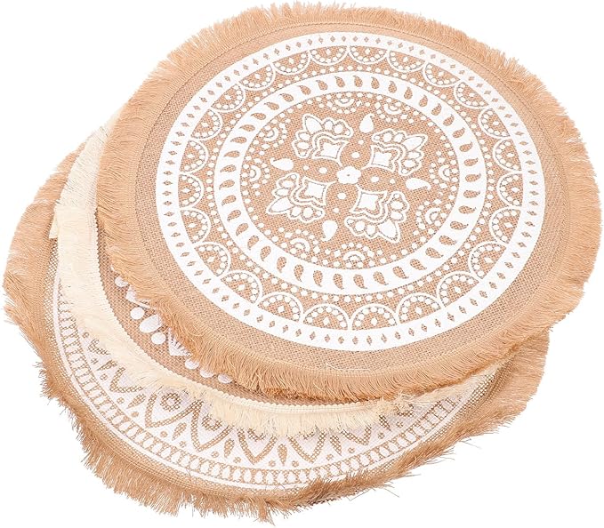 3pcs Round Tassel Placemats Set, Woven Jute Fabric Heat-Resistant Dining Table Mats, Boho Style Table Decor for Indoor Kitchen and Farmhouse Use