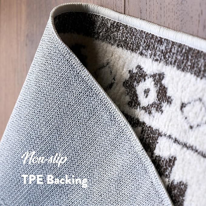 Moroccan Washable Area Rug 4x6, Geometric Decorative Woven Rug Low Pile, Non-Slip Boho Accent Farmhouse Area Rug for Living Room Laundry Bedroom Dining Table, Dark Brown/White