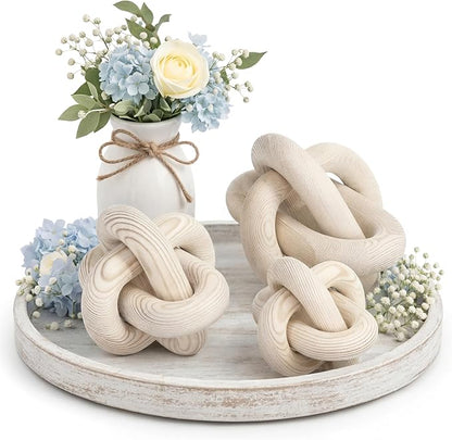 3 Pack Wooden Knot Decorations 3 Color Set Coordinated Boho Nautical Home Decor for Shelf, Wall, Tabletop, Sizes 3.94", 4.72", 5.91" (Nature)