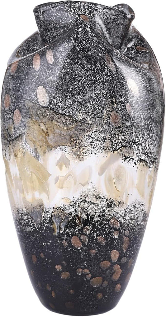 Hand Blown Smoke Glass Vase,Black Amber Vases Home Decor,Vintage Gray Glass Vase, Round Bubble Art for Flowers,Farmhouse Vases for Table Decor and Modern Home Unique Abstract Design (S)