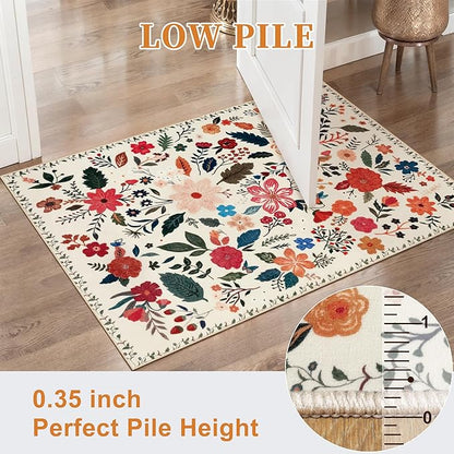 Tangsoo Runner Rug for Hallways Kitchen Rug, Non Slip 2x6 Washable Boho Floral Rug Runner for Entryway, Low Pile Carpet Door Mat Indoor Entrance for Kids Room Bedroom Laundry Office(White/Beige)