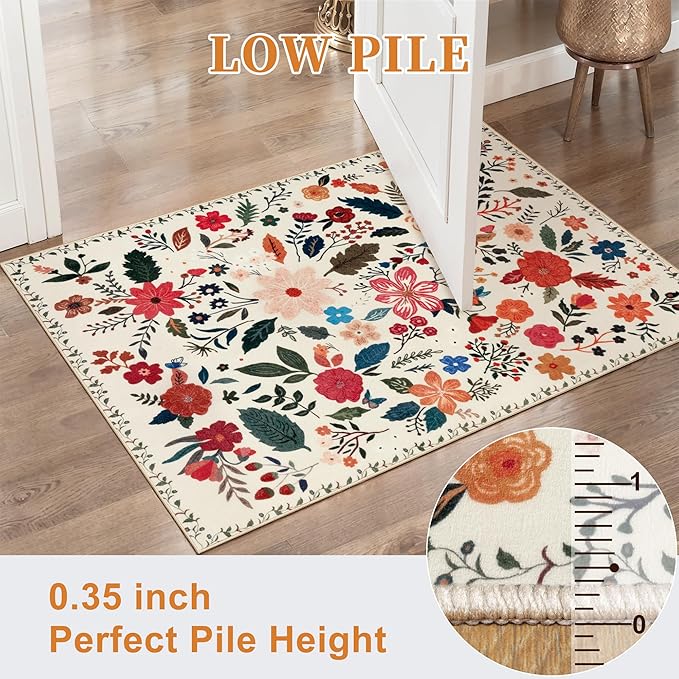 Tangsoo 2x3 Small Area Rug for Entryway, Non Slip Machine Washable Boho Floral Entry Rug, Soft Low Pile Throw Rugs Door Mat Indoor Entrance Floor Carpet for Bedroom Kitchen Bathroom, Kids Room(Beige)