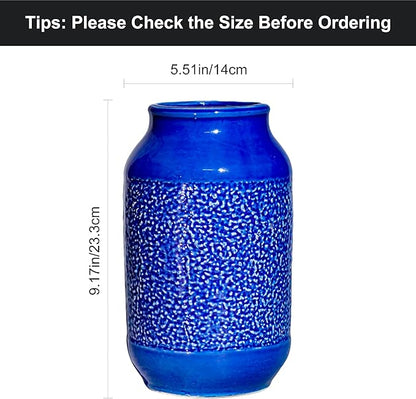 Blue Ceramic Flower Vase - 9 Inch Decorative Vase for Pampas Grass, Modern Texture Vase for Decor, Fireplace, Bathroom, Table, Shelf, Living Room, Kitchen Decor